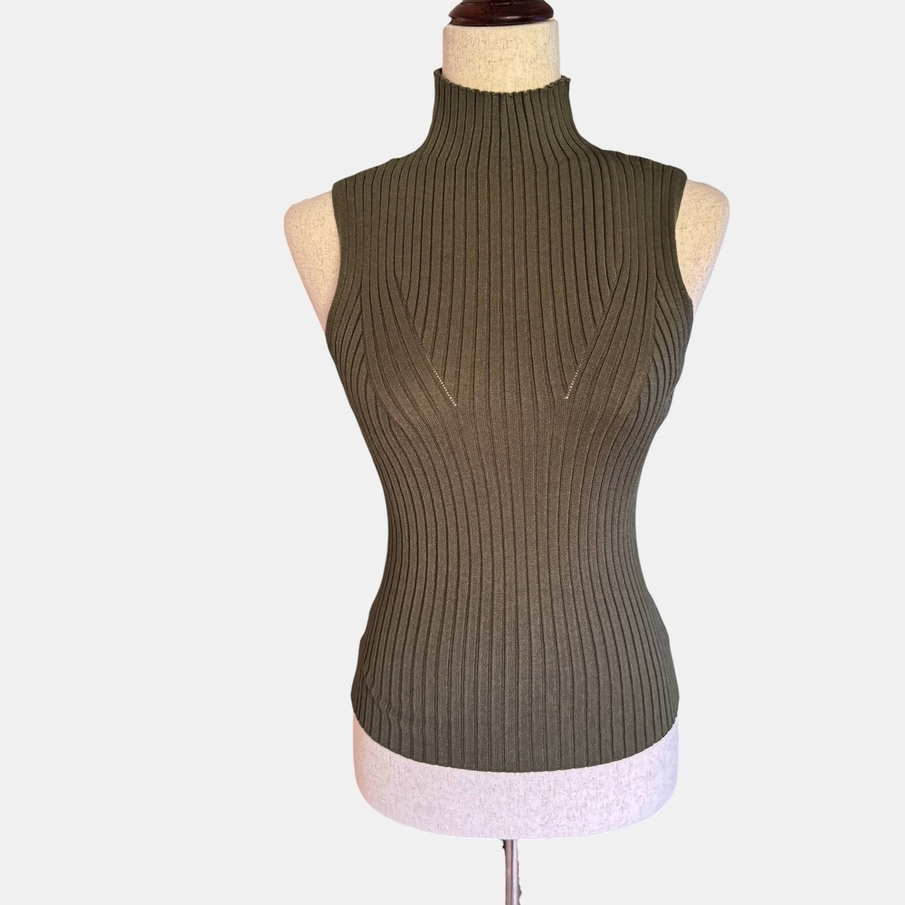 NWT Womens Mock Neck Ribbed Sleeveless Knit Top Olive Green S NEW earthy bodycon